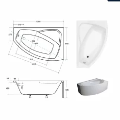 Baignoire asymétrique - 130 x 85 cm - Droite - avec Tablier - Pieds - Repose-tête - Vidage Chrome - RIMA