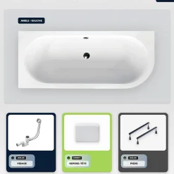 Baignoire asymétrique - 150 x 75 cm - Gauche - sans Habillage - avec Pieds - Repose-tête - Vidage Chrome - AVITA