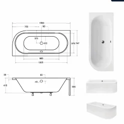 Baignoire asymétrique - 150 x 75 cm - Gauche - sans Habillage - avec Pieds - Repose-tête - Vidage Chrome - AVITA