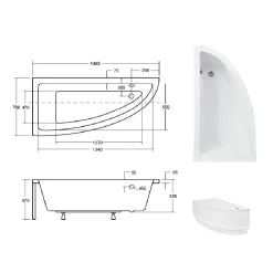 Baignoire asymétrique + tablier noir + repose tête - PRAKTIKA - 150 x 70 cm - Gauche