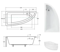 Baignoire asymétrique + tablier blanc + repose tête - PRAKTIKA - 140 x 70 cm - Gauche