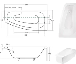 Baignoire asymétrique + tablier blanc + repose tête - LUNA - 150 x 80 cm - Droite