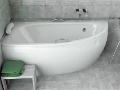 Baignoire asymétrique + tablier blanc + repose tête + poignées - MILENA PREMIUM - 150 x 70 cm - Droite