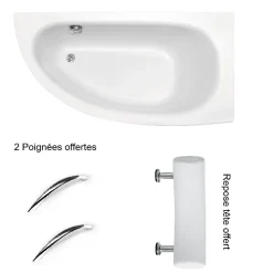 Baignoire asymétrique + tablier blanc + repose tête + poignées - MILENA PREMIUM - 150 x 70 cm - Droite