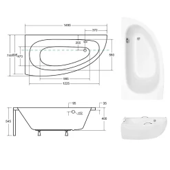 Baignoire asymétrique + tablier blanc + repose tête + poignées - MILENA PREMIUM - 150 x 70 cm - Gauche