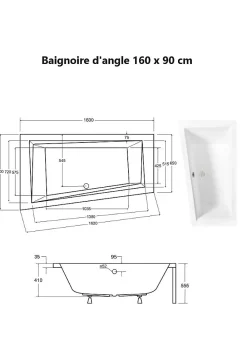 Baignoire asymétrique + tablier noir + repose tête - INTIMA - 160 x 90 cm - Gauche