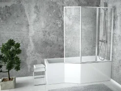 Baignoire asymétrique 170 x 75 Droite INTEGRA acrylique blanc + avec Tablier + Écran + Pieds + Vidage à chromé