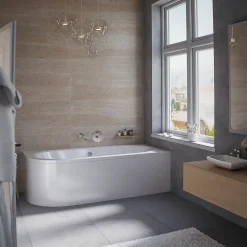 Baignoire asymétrique 160 x 75 Droite AVITA acrylique blanc + avec Tablier + Pieds + Vidage à chromé