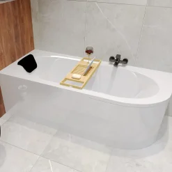 Baignoire asymétrique 180 x 80 Gauche AVITA acrylique blanc, sans Habillage + Étagère bambou + Pieds + Vidage à chromé