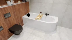 Baignoire asymétrique 180 x 80 Gauche AVITA acrylique blanc, sans Habillage + Étagère bambou + Pieds + Vidage à chromé