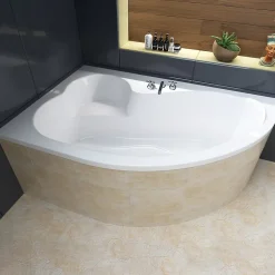 Baignoire asymétrique 160 x 105 Gauche MEGA acrylique blanc + Habillage en polystyrène + Pieds + Vidage à chromé