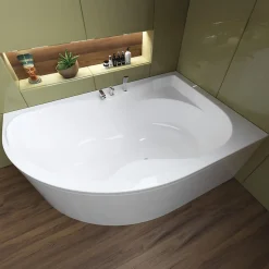 Baignoire asymétrique 170 x 110 Droite DORA acrylique blanc + avec Tablier + Pieds + Vidage à chromé