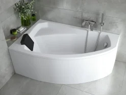 Baignoire asymétrique 130 x 85 Gauche RIMA acrylique blanc + avec Tablier + Repose Tête + Pieds + Vidage à chromé