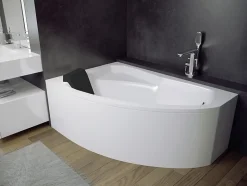 Baignoire asymétrique 130 x 85 Gauche RIMA acrylique blanc + avec Tablier + Repose Tête + Pieds + Vidage à chromé