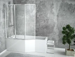 Baignoire asymétrique 150 x 75 Gauche INTEGRA acrylique blanc + avec Tablier + Écran + Pieds + Vidage à chromé