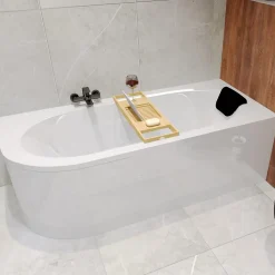Baignoire asymétrique 160 x 75 Droite AVITA acrylique blanc, sans Habillage + Étagère bambou + Pieds + Vidage à chromé