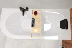 Baignoire asymétrique 160 x 75 Droite AVITA acrylique blanc, sans Habillage + Étagère bambou + Pieds + Vidage à chromé