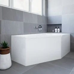 Baignoire asymétrique 160 x 90 Droite SELENA acrylique blanc + avec Tablier + Pieds + Vidage à chromé