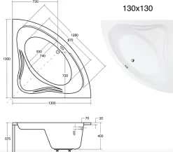 Baignoire asymétrique 130 x 130 MIA acrylique blanc + Habillage en polystyrène + Pieds + Vidage à chromé
