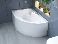 Baignoire asymétrique 160 x 105 Gauche MEGA acrylique blanc + avec Tablier + Pieds + Vidage à chromé