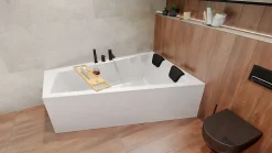 Baignoire asymétrique 180 x 125 Droite INTIMA acrylique blanc, sans Habillage + Étagère bambou + Pieds + Vidage à chromé