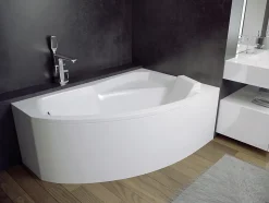 Baignoire asymétrique 160 x 100 Droite RIMA acrylique blanc + avec Tablier + Repose Tête + Pieds + Vidage à chromé