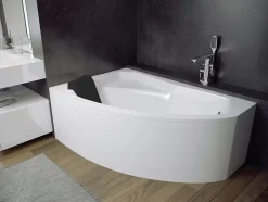 Baignoire asymétrique 150 x 95 Gauche RIMA acrylique blanc + Habillage en polystyrène + Repose Tête + Pieds + Vidage à chromé