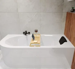 Baignoire asymétrique 150 x 75 Droite AVITA acrylique blanc, sans Habillage + Étagère bambou + Pieds + Vidage à chromé
