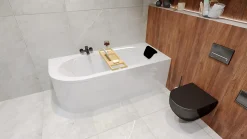 Baignoire asymétrique 180 x 80 Droite AVITA acrylique blanc, sans Habillage + Étagère bambou + Pieds + Vidage à chromé