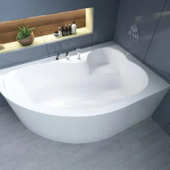 Baignoire asymétrique 160 x 105 Droite MEGA acrylique blanc + avec Tablier + Pieds + Vidage à chromé