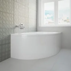 Baignoire asymétrique 160 x 105 Droite MEGA acrylique blanc + avec Tablier + Pieds + Vidage à chromé