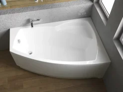 Baignoire asymétrique 150 x 90 Droite FRIDA acrylique blanc + avec Tablier + Pieds + Vidage à chromé