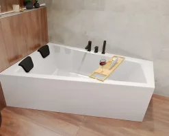 Baignoire asymétrique 160 x 90 Gauche INTIMA acrylique blanc, sans Habillage + Étagère bambou + Pieds + Vidage à chromé