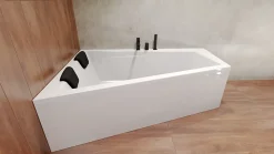 Baignoire asymétrique 160 x 90 Gauche INTIMA acrylique blanc, sans Habillage + Étagère bambou + Pieds + Vidage à chromé