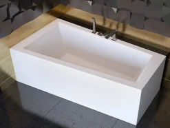Baignoire asymétrique 160 x 90 Gauche INTIMA acrylique blanc, sans Habillage + Étagère bambou + Pieds + Vidage à chromé