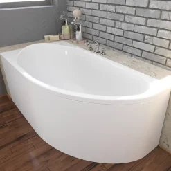 Baignoire asymétrique 140 x 70 Gauche MIKI acrylique blanc + avec Tablier + Pieds + Vidage à chromé