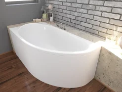 Baignoire asymétrique 140 x 70 Gauche MIKI acrylique blanc + avec Tablier + Pieds + Vidage à chromé