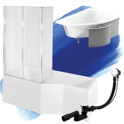 Baignoire asymétrique 170 x 75 Gauche INTEGRA acrylique blanc + Habillage en polystyrène + Écran + Pieds + Vidage à chromé