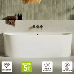 Baignoire asymétrique 180 x 86 x 80 cm Blanc Mat en minéral composite - Mod. FROSK avec Trop Plein