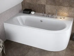 Baignoire asymétrique 160 x 75 Gauche AVITA acrylique blanc + avec Tablier + Pieds + Vidage à chromé