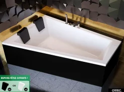Baignoire Asymétrique avec Tablier Noir - 180 x 125 cm - GAUCHE - INTIMA DUO - 2 REPOSE-TÊTES OFFERTS