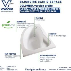 Baignoire asymétrique d'angle droit Colombia 150 x 100 cm sans tablier Valentin
