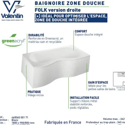 Baignoire asymétrique d'angle droit Folk 180 x 90 cm sans tablier Valentin