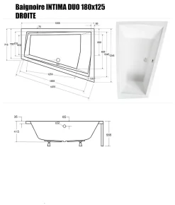 Baignoire Asymétrique sans Tablier - 180 x 125 cm - INTIMA DUO SANS TABLIER- DROITE - 2 REPOSE-TÊTES OFFERTS