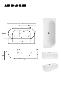 Baignoire Asymétrique sans Tablier - 180 x 80 cm - AVITA SANS TABLIER - DROITE - 1 REPOSE-TÊTE OFFERT
