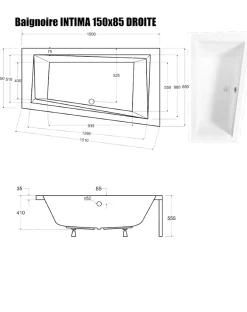 Baignoire Asymétrique sans Tablier - 150 x 85 cm - INTIMA SANS TABLIER - DROITE - avec Repose tête OFFERT