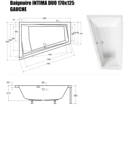 Baignoire Asymétrique sans Tablier - 170 x 125 cm - INTIMA DUO SANS TABLIER - GAUCHE - 2 REPOSE-TÊTES OFFERTS