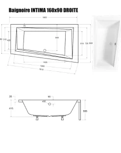 Baignoire Asymétrique sans Tablier - 160 x 90 cm - INTIMA SANS TABLIER - DROITE - avec Repose tête OFFERT
