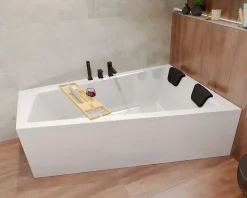Baignoire asymétrique 160x90 Droite INTIMA acrylique blanc, sans Habillage + Repose Tête + Étagère bambou + Pieds +Vidage à chromé