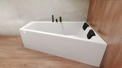 Baignoire asymétrique 160x90 Droite INTIMA acrylique blanc, sans Habillage + Repose Tête + Étagère bambou + Pieds +Vidage à chromé